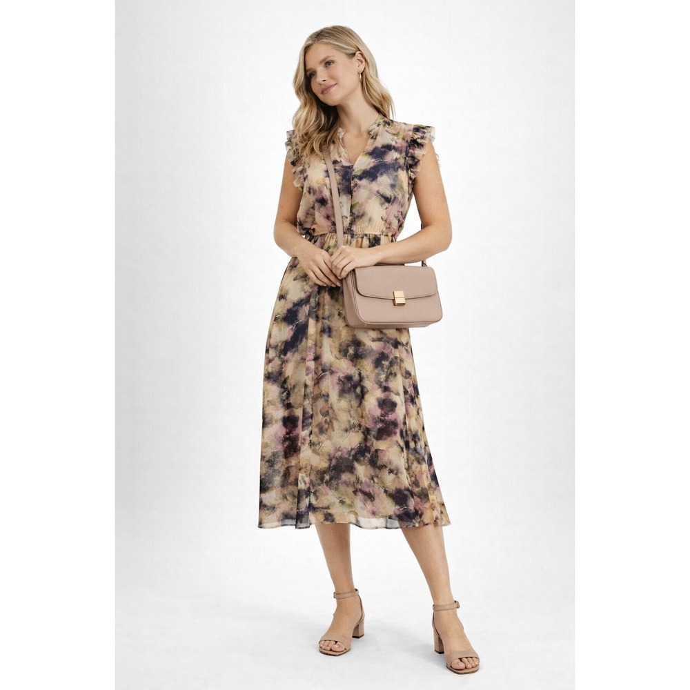 STEVE MADDEN Beautiful Floral Print Midi Dress with Ruffle Sleeves and V-Neck L